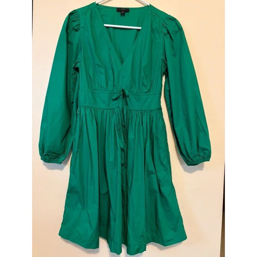 J Crew  Green  V-Neck Cotton Poplin Mini Dress Size 2 cotton skirt lined